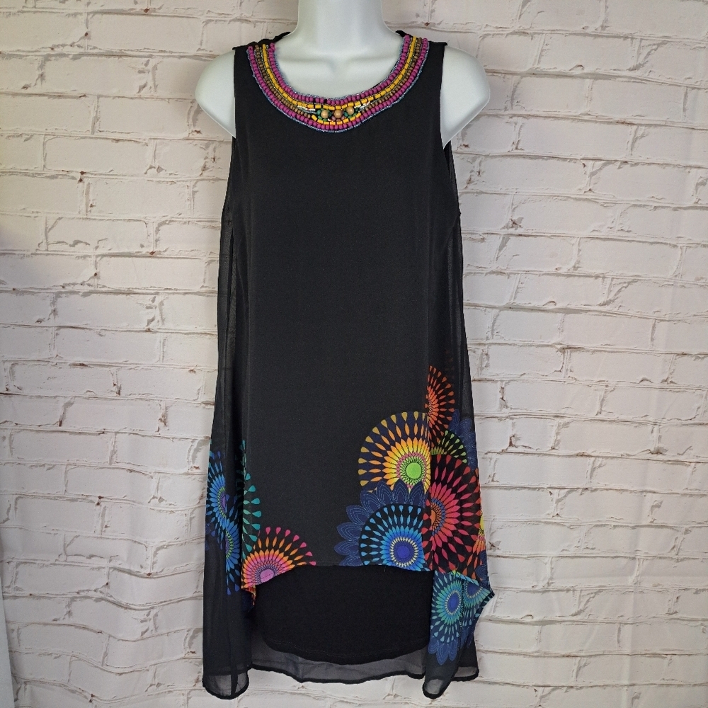 Desigual Black High-Low Dress with Multicolor Sunburst Print - Picture 3 of 10